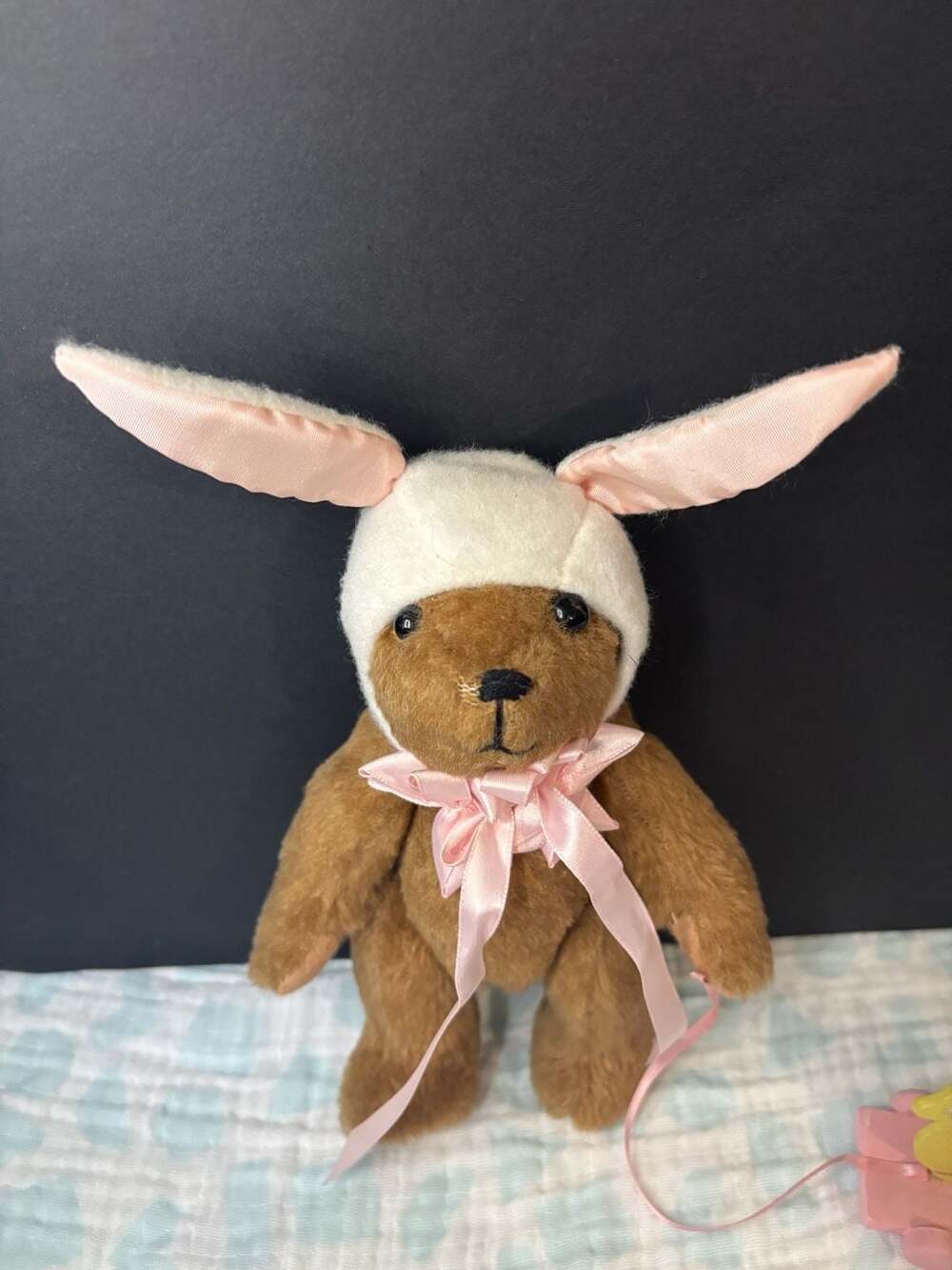 Vintage Specially Fashioned by Nancy Plush Teddy Bear in Bunny Hat with Wooden D - Picture 5 of 6